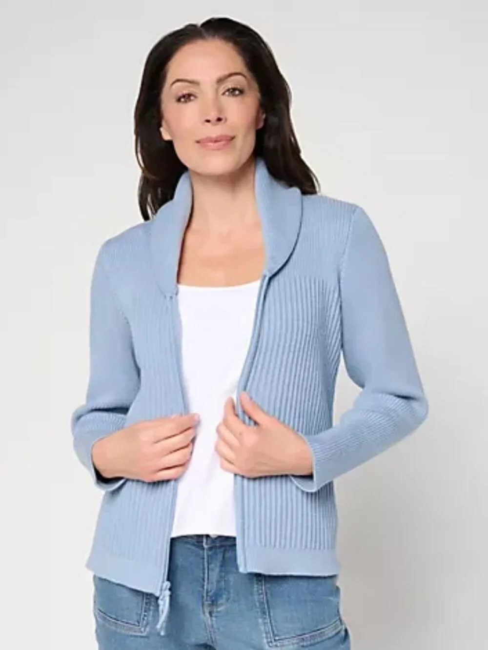 BEAUTIFUL by Lawrence Zarian Shawl Collar Zip Cardigan, Blue Sz L a735961